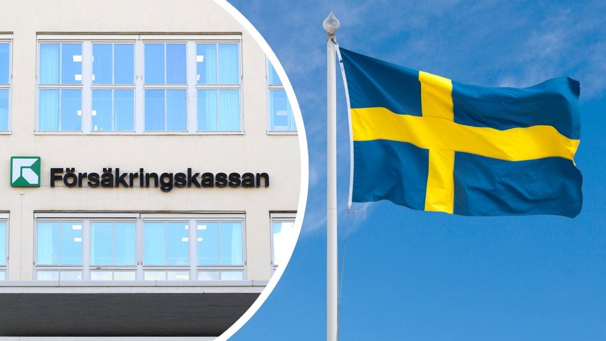 Försäkringskassan-skylt vänster. Sverigeflagga höger.