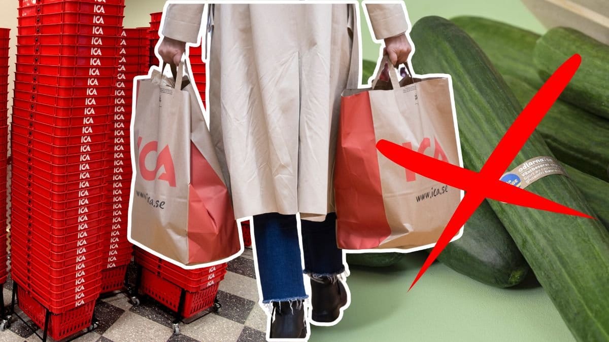 Ica-korg, gurkorna, kvinna med två ica-kassar.
