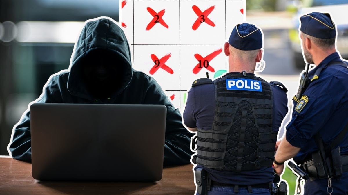 En hackare i huvtröja, en kalender med röda kryss och två polismän stående bakifrån.