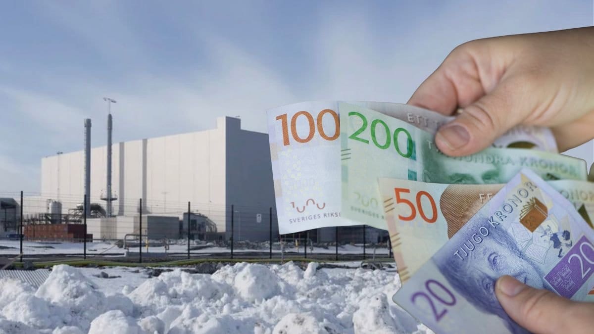 Northvolts fabrik och pengar i en plånbok.