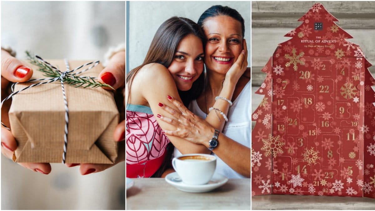 Paket, mamma, dotter, röd gran.
