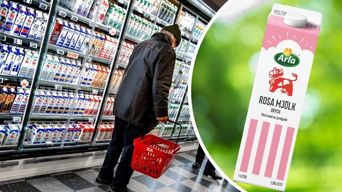 Man med kundkorg i matbutik och Arlas rosa mjölk