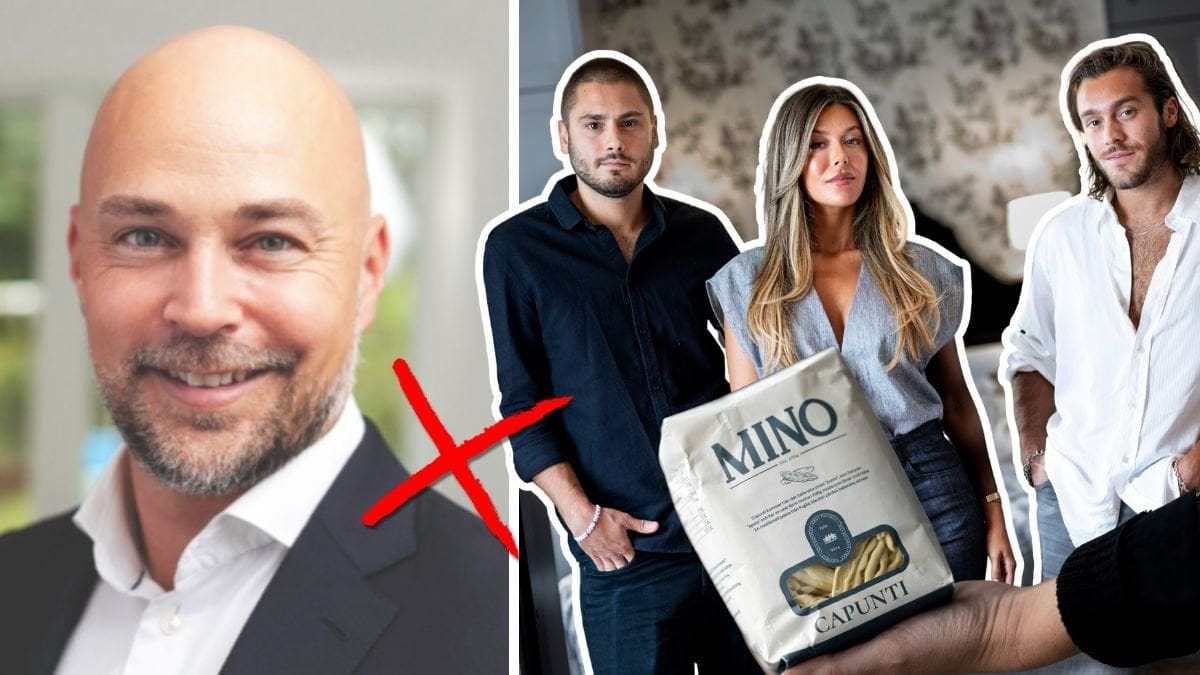 Daniel Warance till vänster. Oliver Ingrosso, Bianca Ingrosso och Benjamin Ingrosso till höger. En utklippt bild på en hand som håller i en förpackning av Mino-pasta. Ett rött kryss i mitten av bilden.