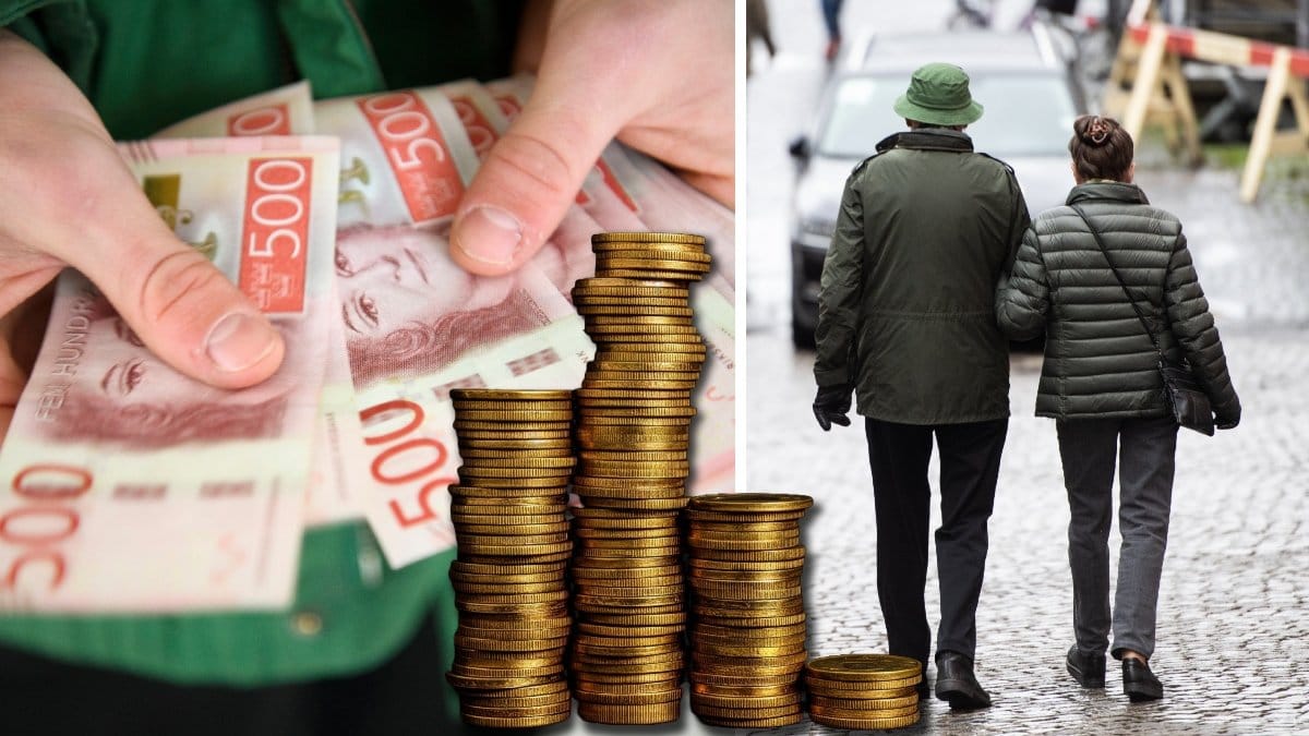 En bunt med 500-kronorssedlar och ett äldre par som går armkrok i stadsmiljö.