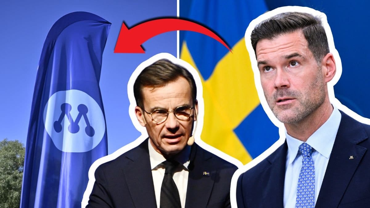 Moderatflagga vänster. Ulf Kristersson i mitten utklippt. Johan Forssell till höger. Röd pil pekar från Kristersson och Forsell till flaggan.