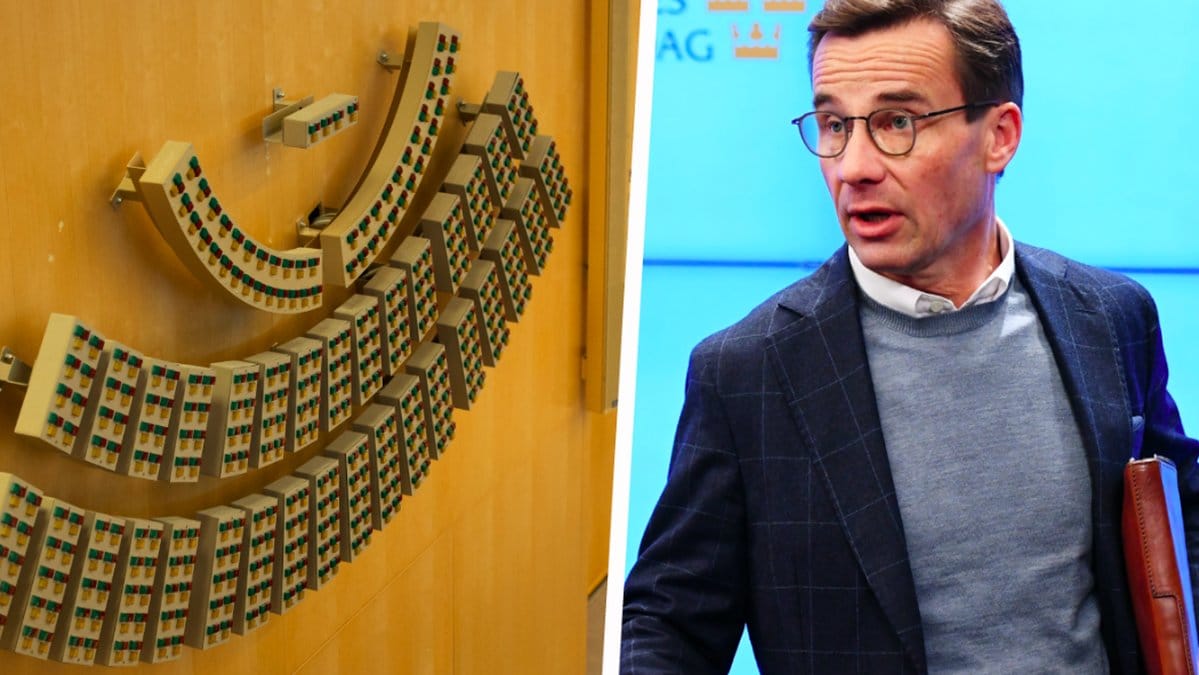 Omröstningstavlan från riksdagen. Till höger Ulf Kristersson. Kollage. 