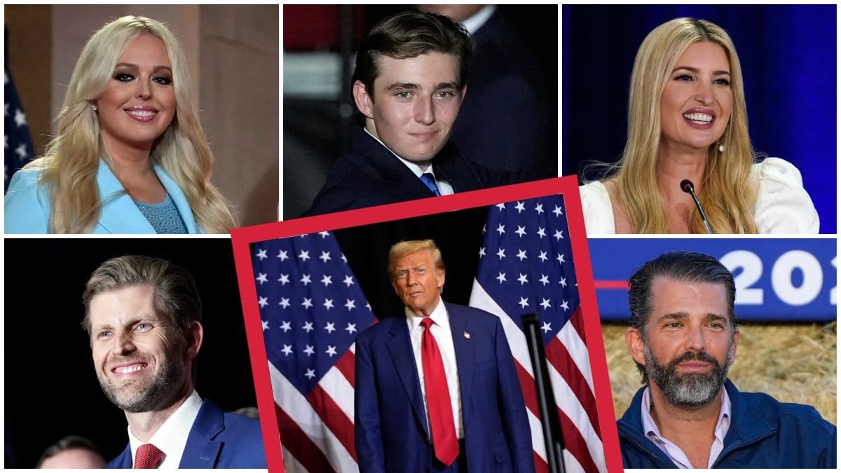 Donald Trump har fem barn: Tiffany Trump (övre vänster), Barron Trump (övre mitten), Ivanka Trump (övre höger), Eric Trump (nedre vänster) och Donald Trump Jr (nedre höger).