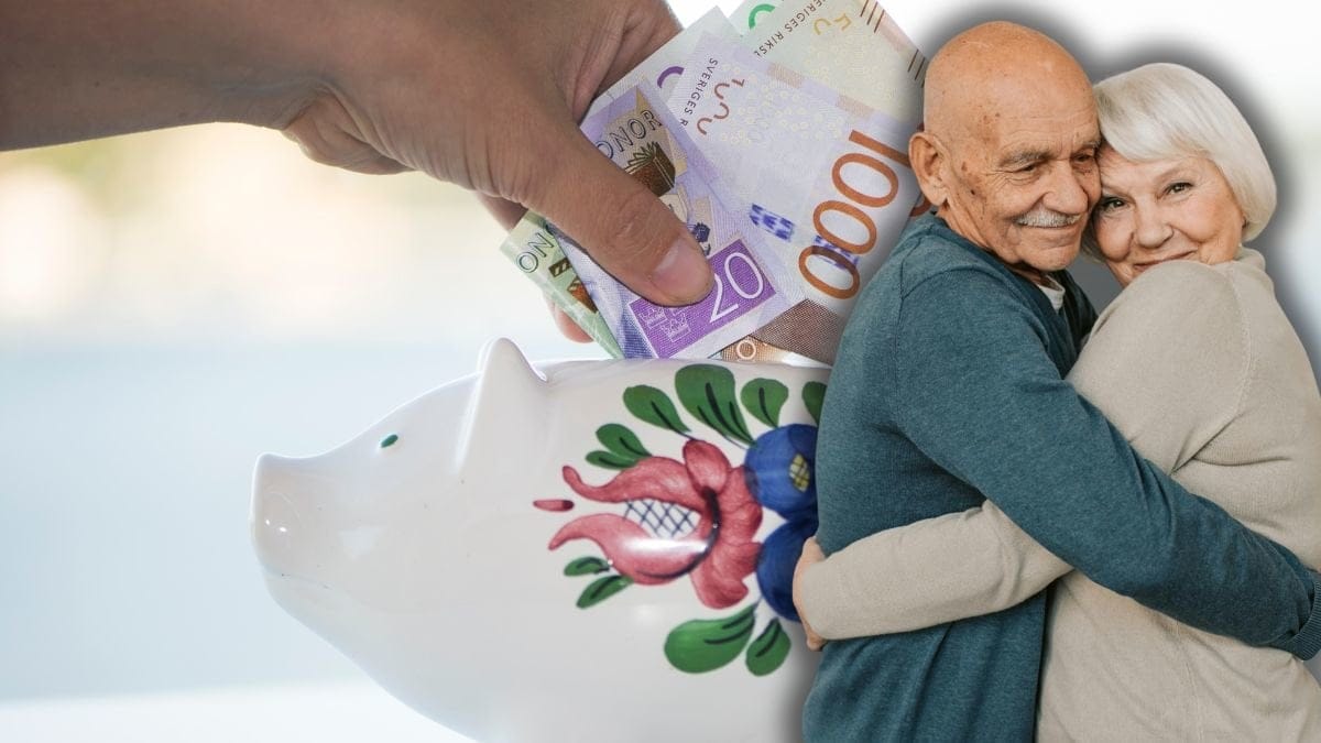 Spargris med sedlar i olika valörer och glatt par som håller om varandra.