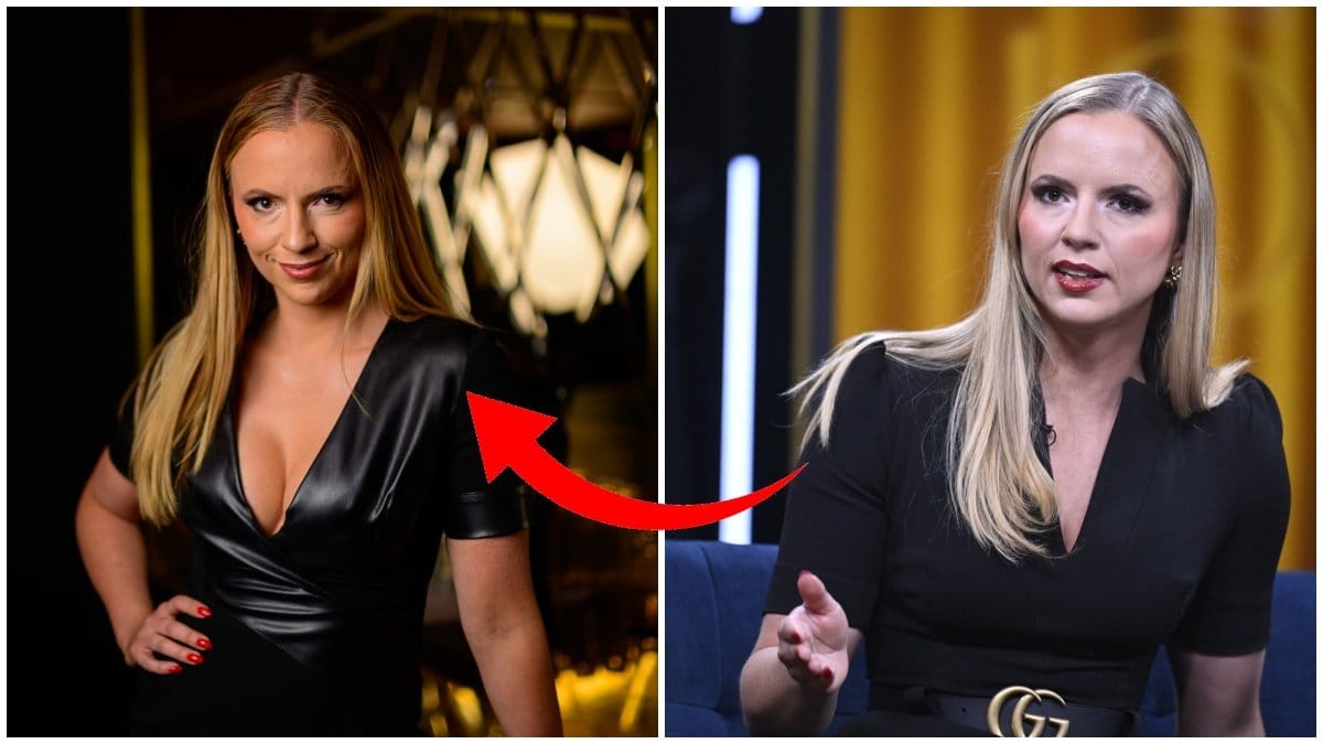 Sara Skyttedal kollar mot kameran i svart klänning. Till höger syns hon prata på scen inför ett EU-val.