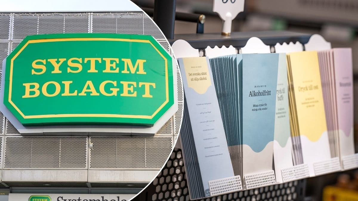 Bilder på Systembolaget-skylt och foldrar med information.