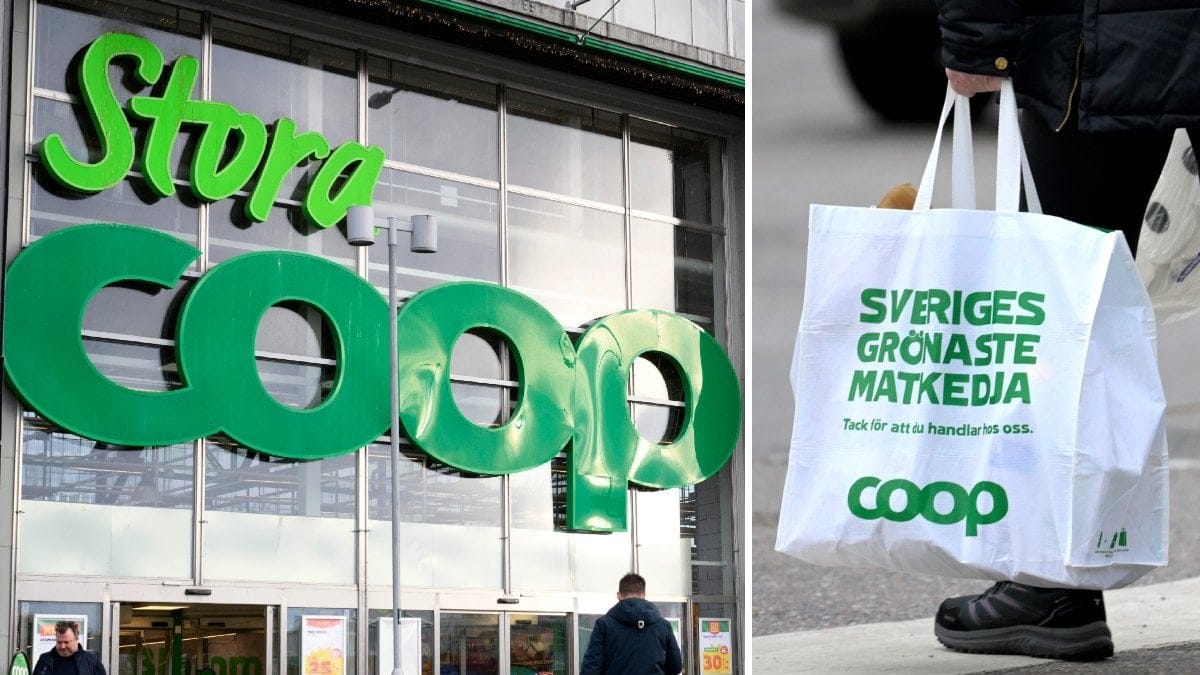 Bilder på en Coop-kasse och en Coop-entre.