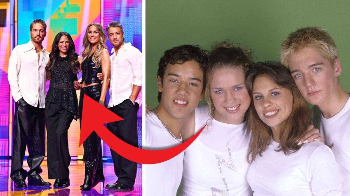 Gruppen A-teens i Melodifestivalen 2026 och en gammal gruppbild från 1999. 