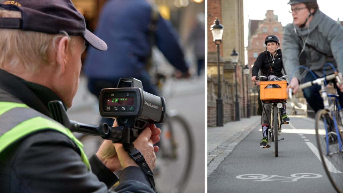 En polis med en fartkamera och en genrebild på en cykel.