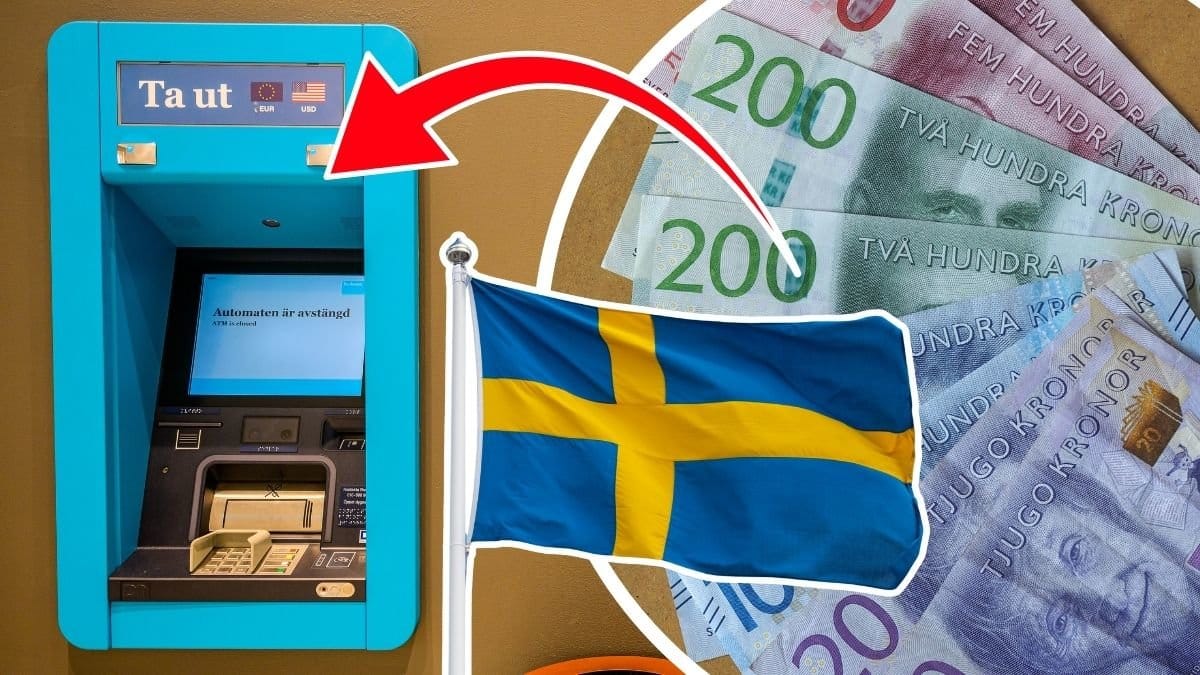 Bankomat, kontanter, svenska flagga