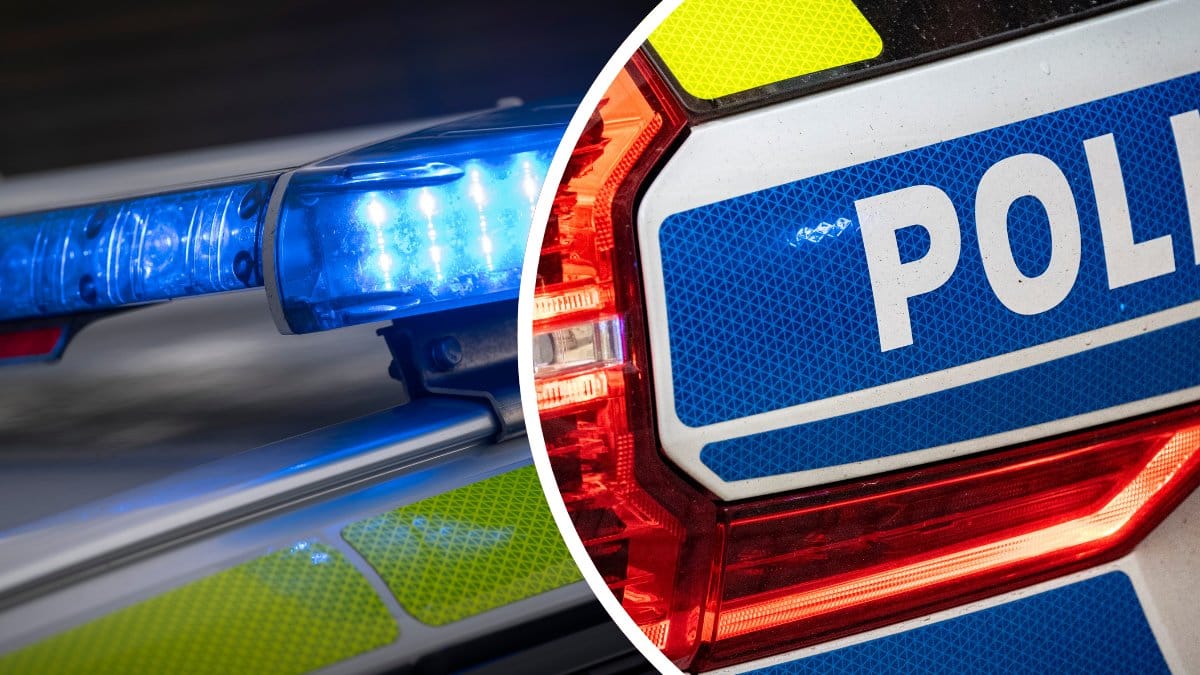 Blåljus polis bil vänster. Närbild polisbil höger.