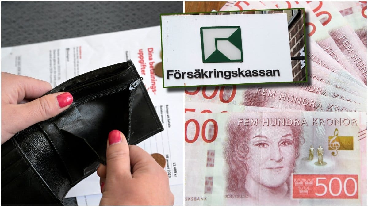 Tom plånbok, sedlar och Försäkringskassan-skylt.