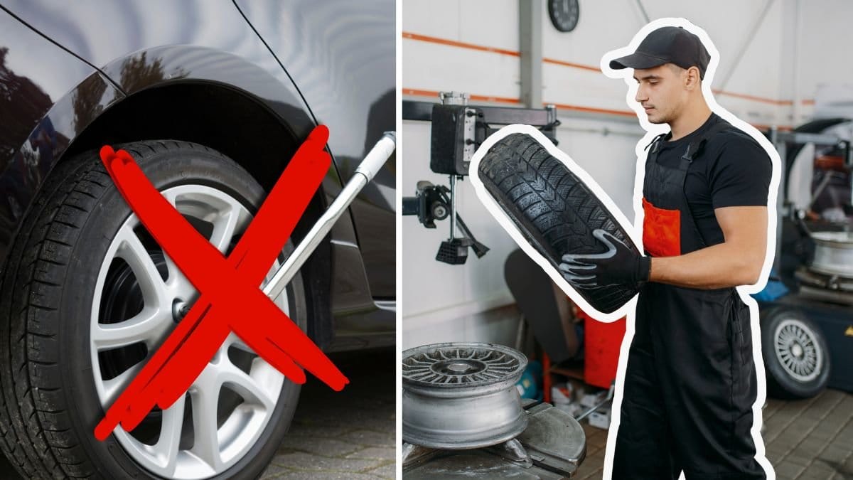 Däck och en bilkille som byter däck.