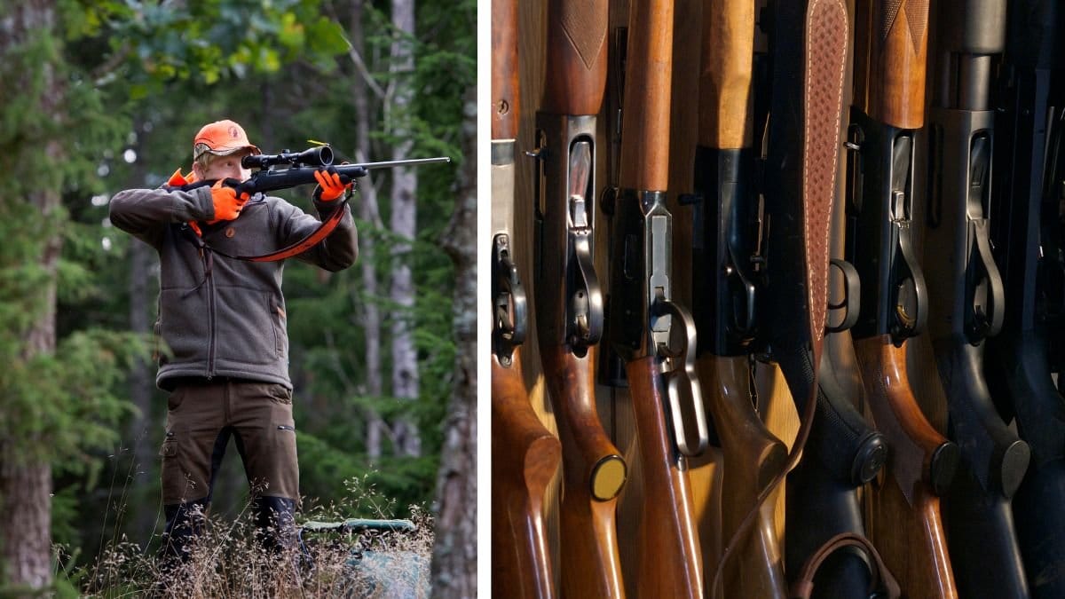 En jägare som skjuter med ett vapen och ett vapenskåp.