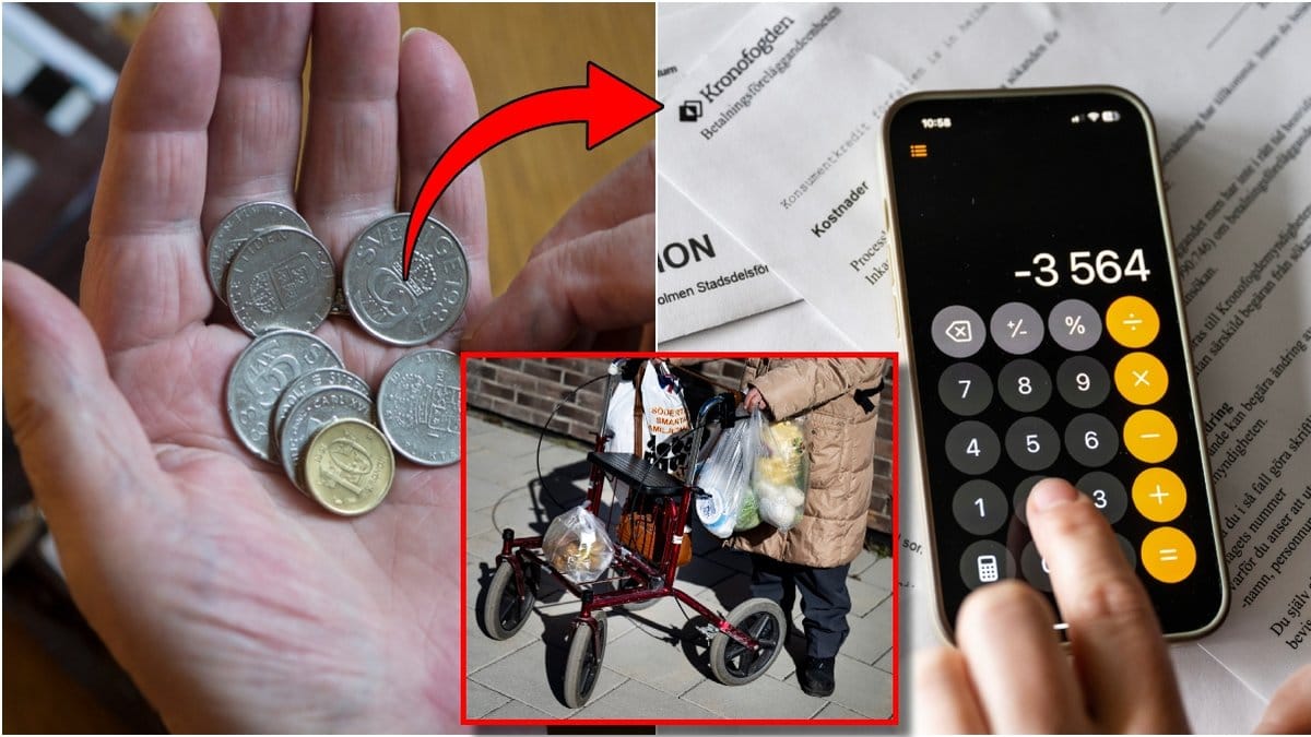 Mynt, miniräknare i mobil och rullator.