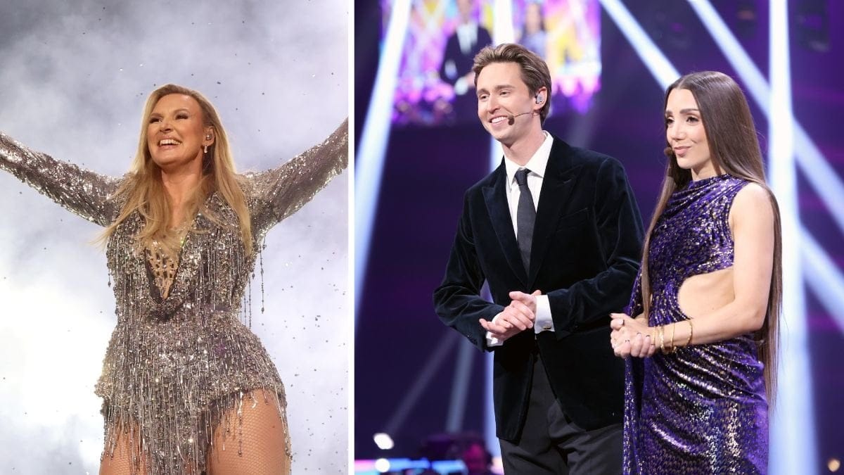 Sanna Nielsen vänster. Gina Dirawi och Hampus Nessvold höger.