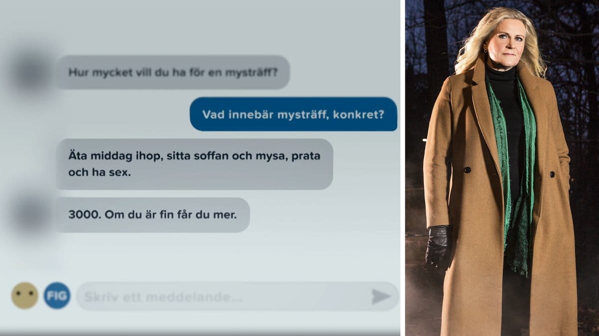 en konversation på Tinder, en blod kvinna i beige rock