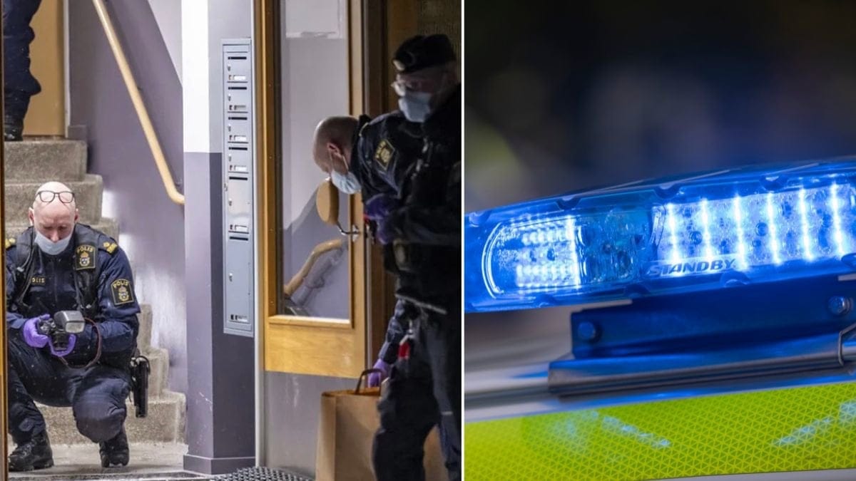 Polis och kriminaltekniker samt blåljus.