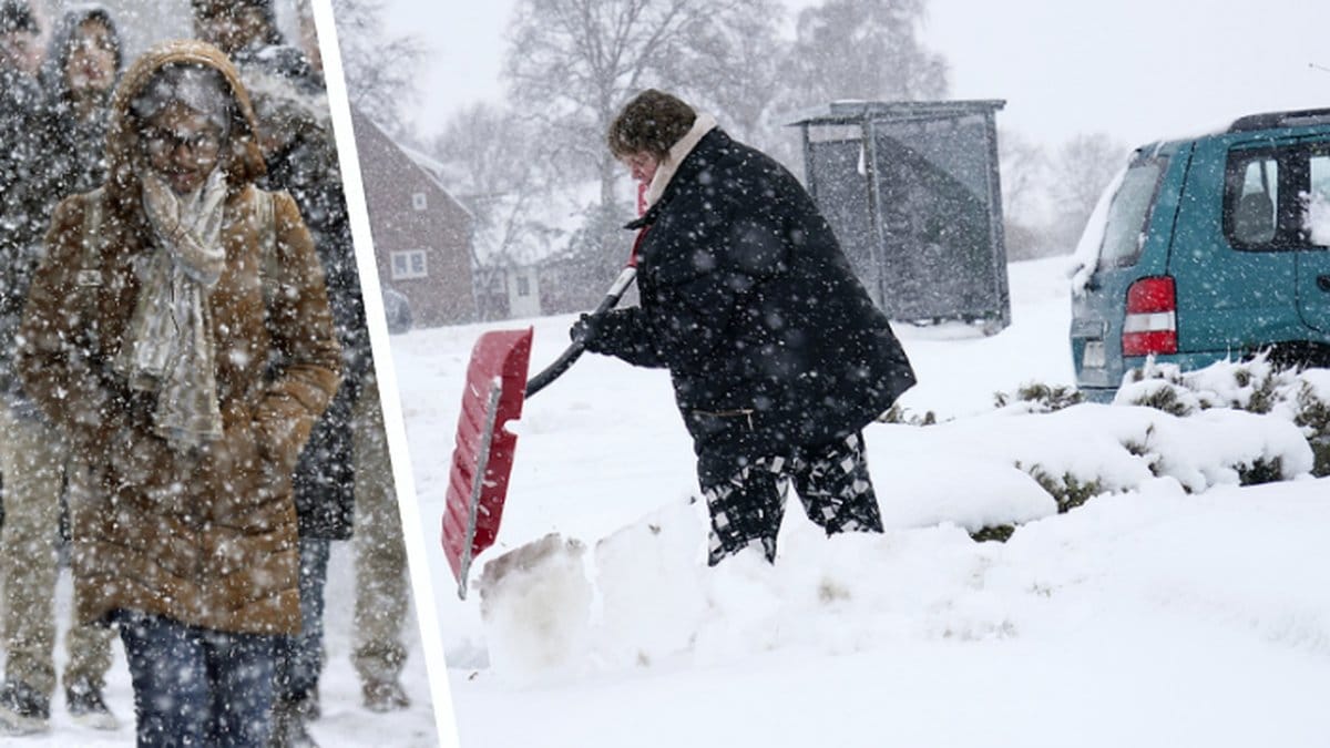 Snöfall, kvinna skottar vid en bil.