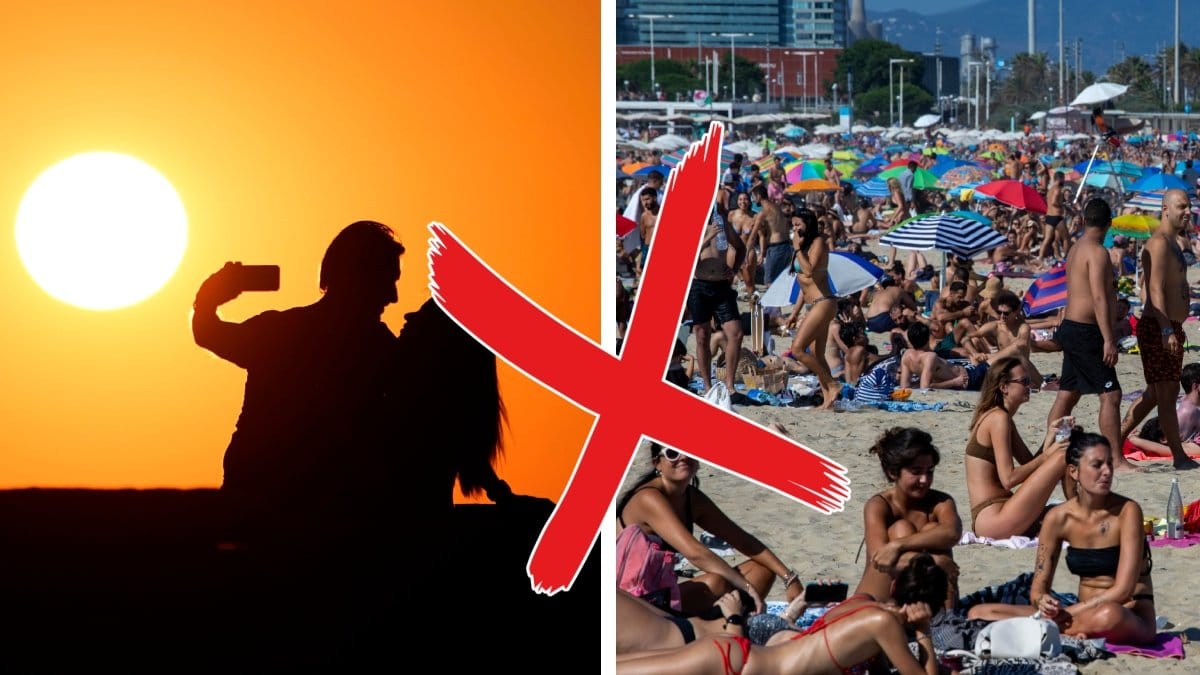 Bilden till vänster visar ett par som tar en selfie i solnedgången. Bilden till höger visar en strand med många besökare.