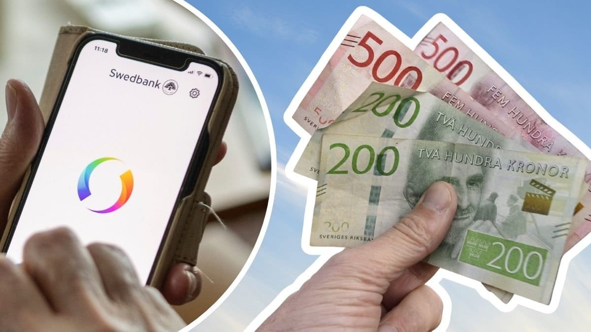 Swish-appen i mobil och svenska sedlar i hand