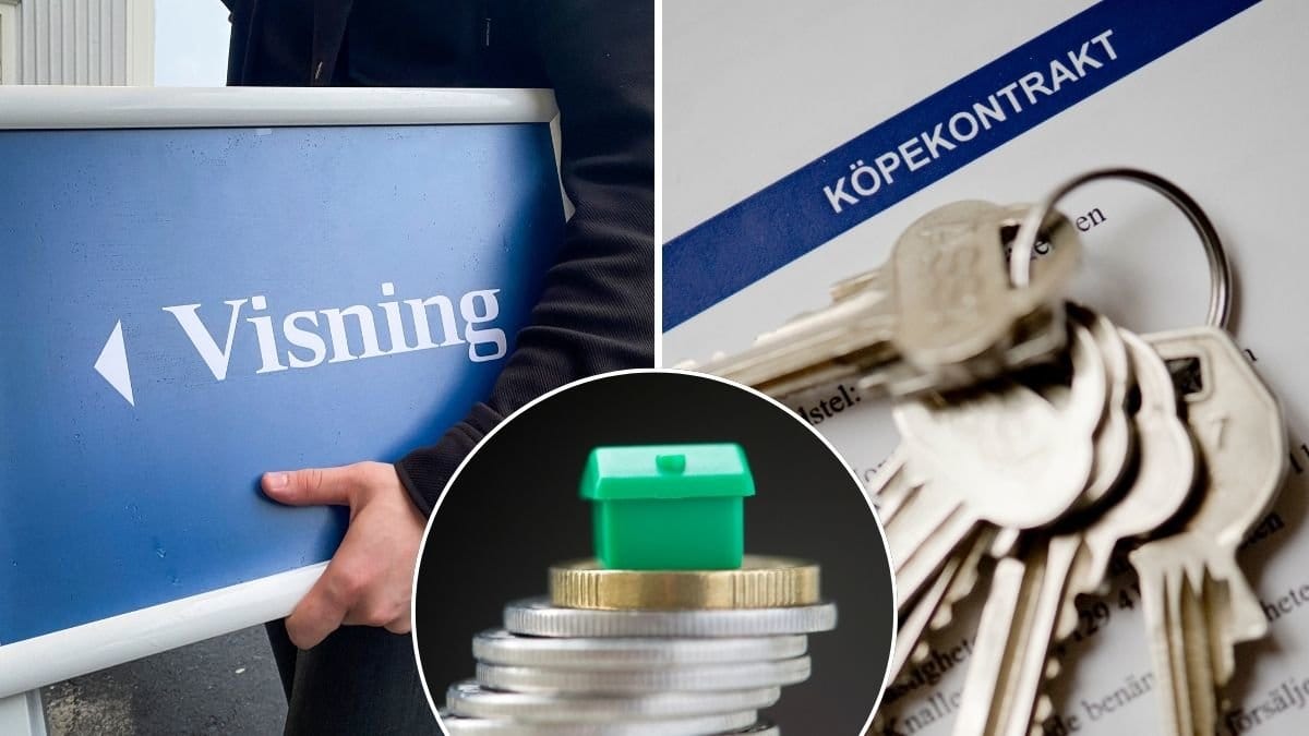 Mäklarskylt, köpekontrakt och mynthög.