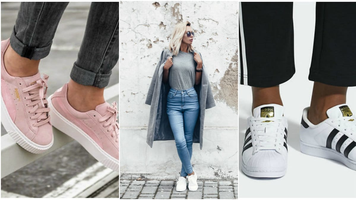 Skor Puma, tjej i sneakers, adias skor