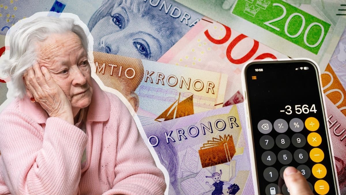 Kvinna med handen på kinden, pengar och miniräknare.