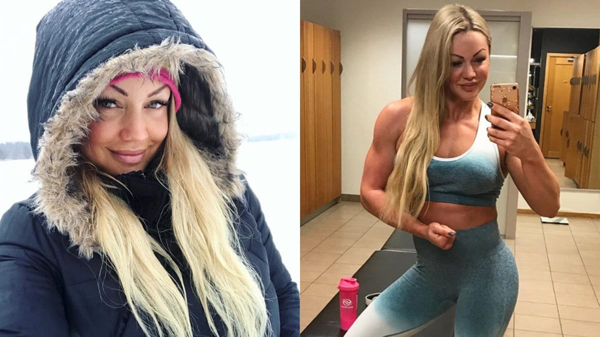 en blond kvinna i dunjacka, en blond kvinna i träningskläder spänner musklerna