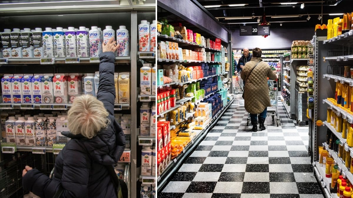 Person som handlar i matbutik och hyllor med matvaror.