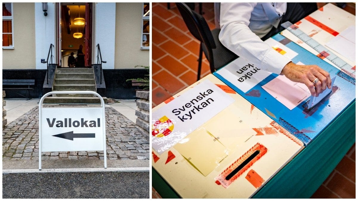 Vallokalsskylt och valurnor under kyrkovalet 2025
