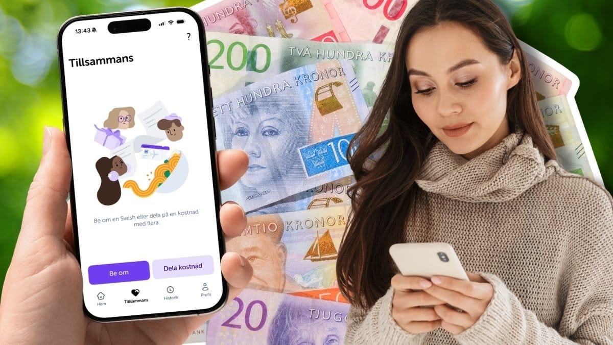 Swish-appen i mobil, svenska sedlar och kvinna med mobiltelefon