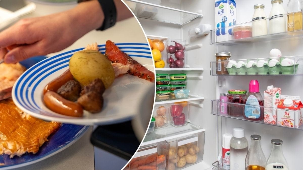 Bilder på en jultallrik och ett kylskåp med mat.