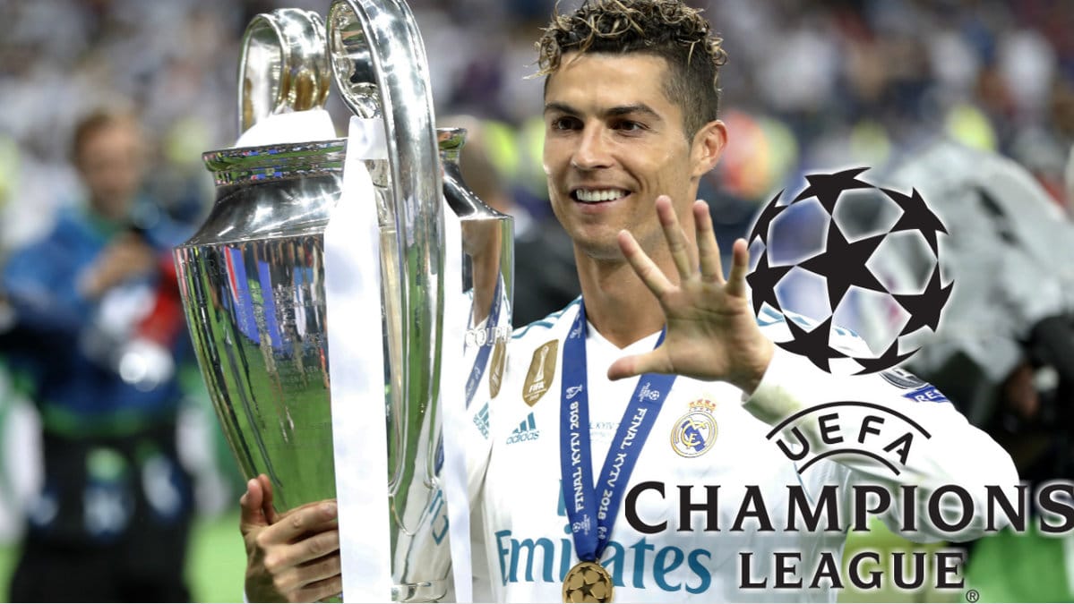 Cristiano Ronaldo med CL-bucklan. CL-loggan.