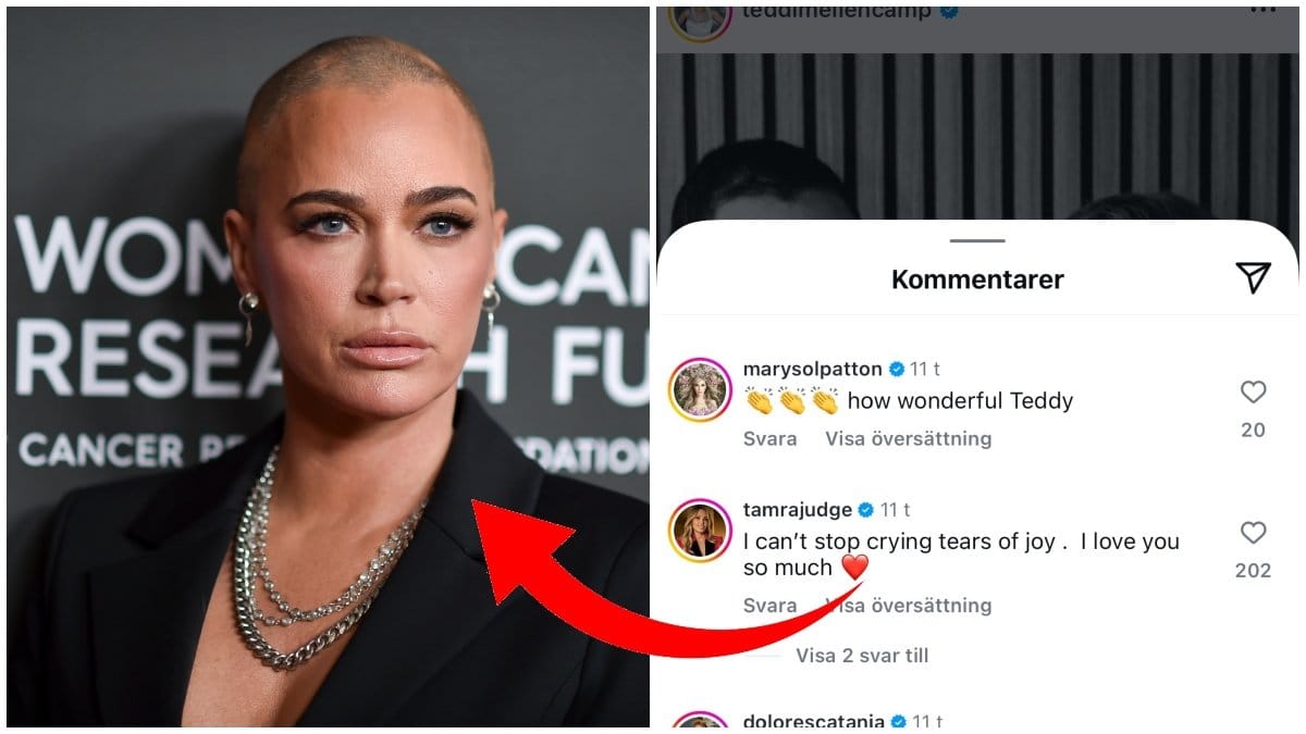 Teddi Mellencamp kollar allvarligt mot kameror på mattan, klädd i svart kavaj. en bild jämte visar kommentarer som är glädjande och stöttande då hon genomgår en kamp mot cancer. Bilden är ett montage.