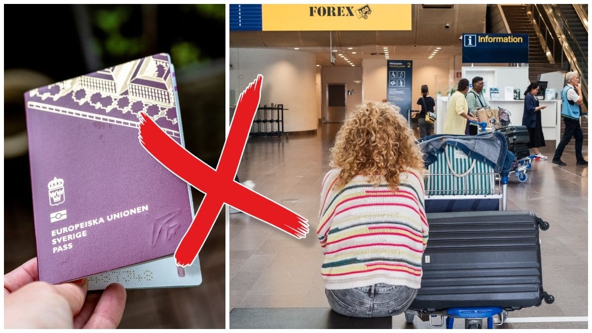 Ett svenskt pass och en kvinna sittandes med en resväska på en flygplats