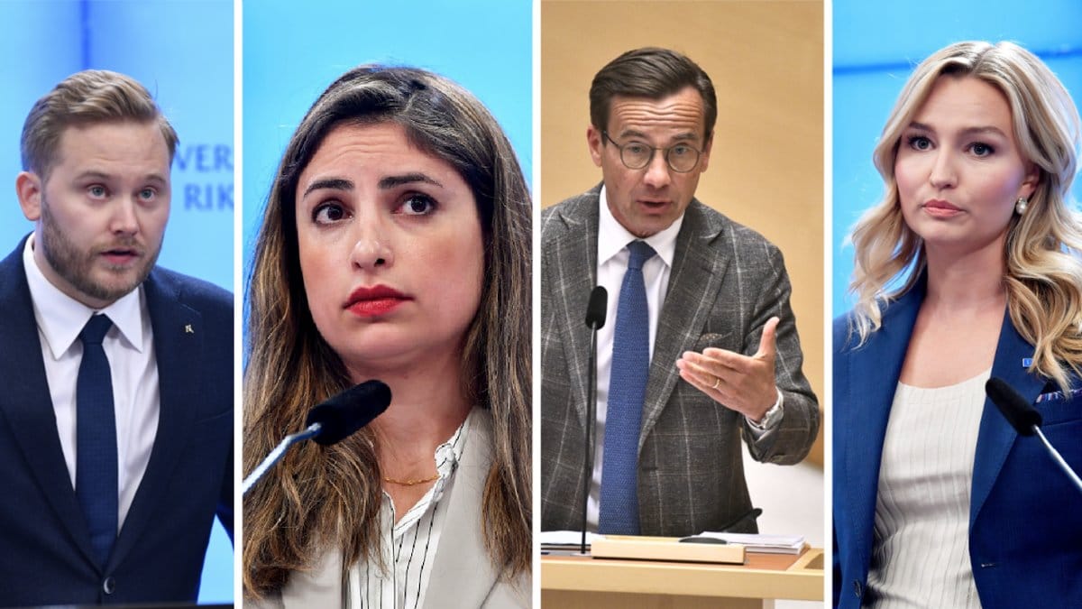 Henrik Vinge (SD), Nooshi Dadgostar (V), Ulf Kristersson (M), Ebba Busch (KD).