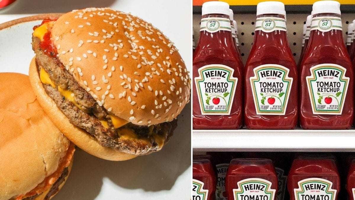 Bild på ketchup och hamburgare.