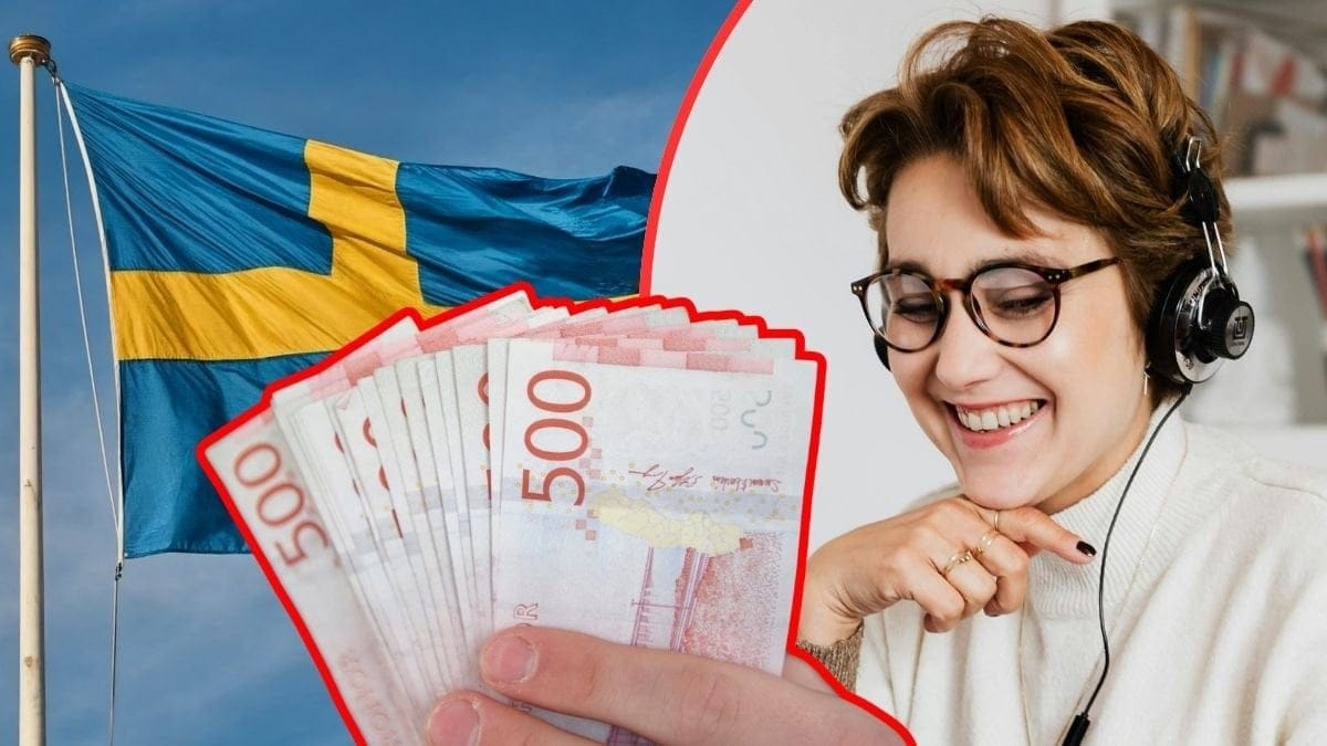 pengar, svensk flagga, glad kvinna