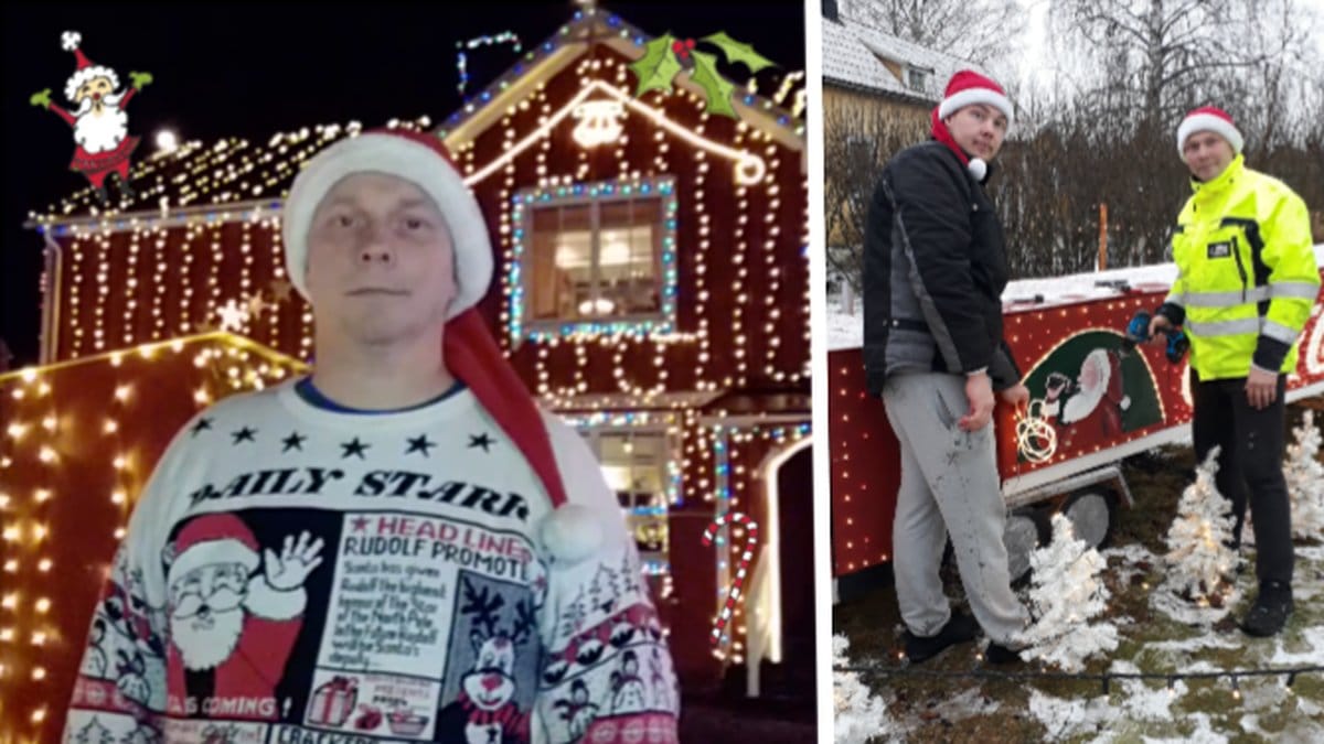 Mikael Sjöberg och julpyntat hus.