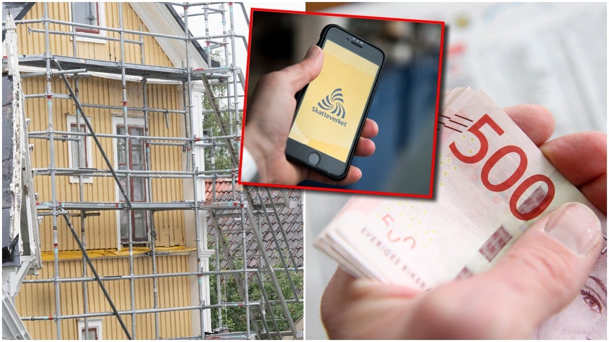 Renoveringsställningar, pengar och en mobil med Skatteverkets logga.