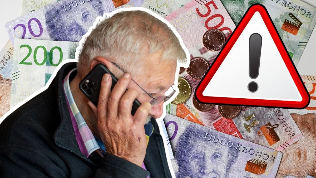 Pengar, man som pratar i telefon och en varningstriangel.