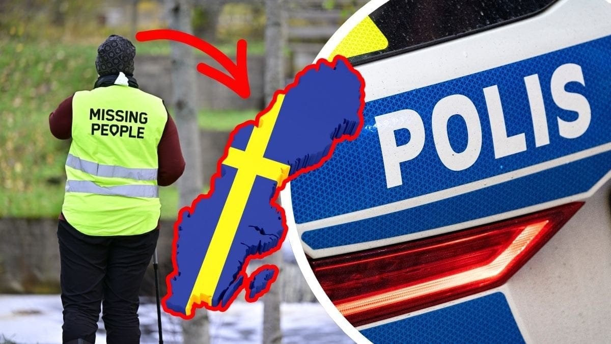 Person med missing people-väst till vänster. Polisbil till höger i rund ram. En uttklippt karta över Sverige i mitten. En röd pil pekar på kartan från personen i missing people-väst.