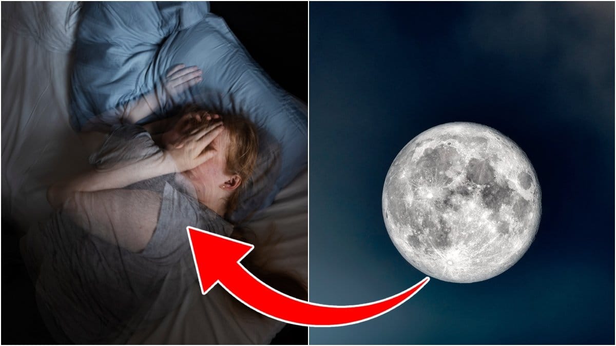 Bild på en kvinna som sover och en bild på en fullmåne 2025. 