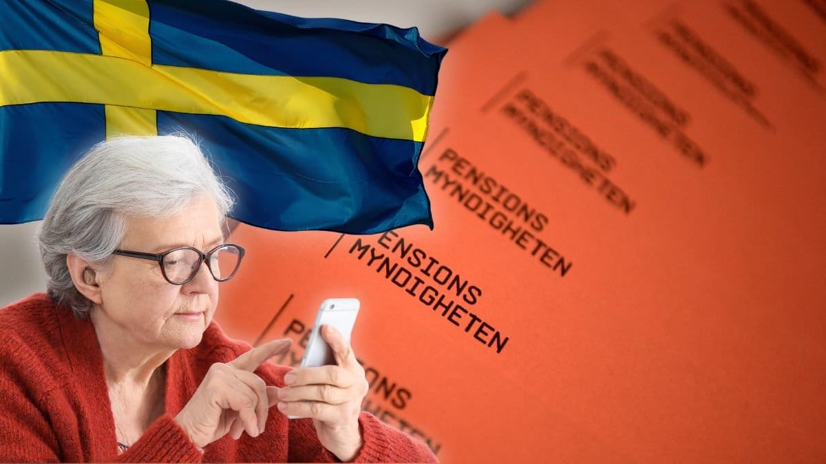 Brev från Pensionsmyndigheten, svenska flaggan och en kvinna med mobilen i handen.