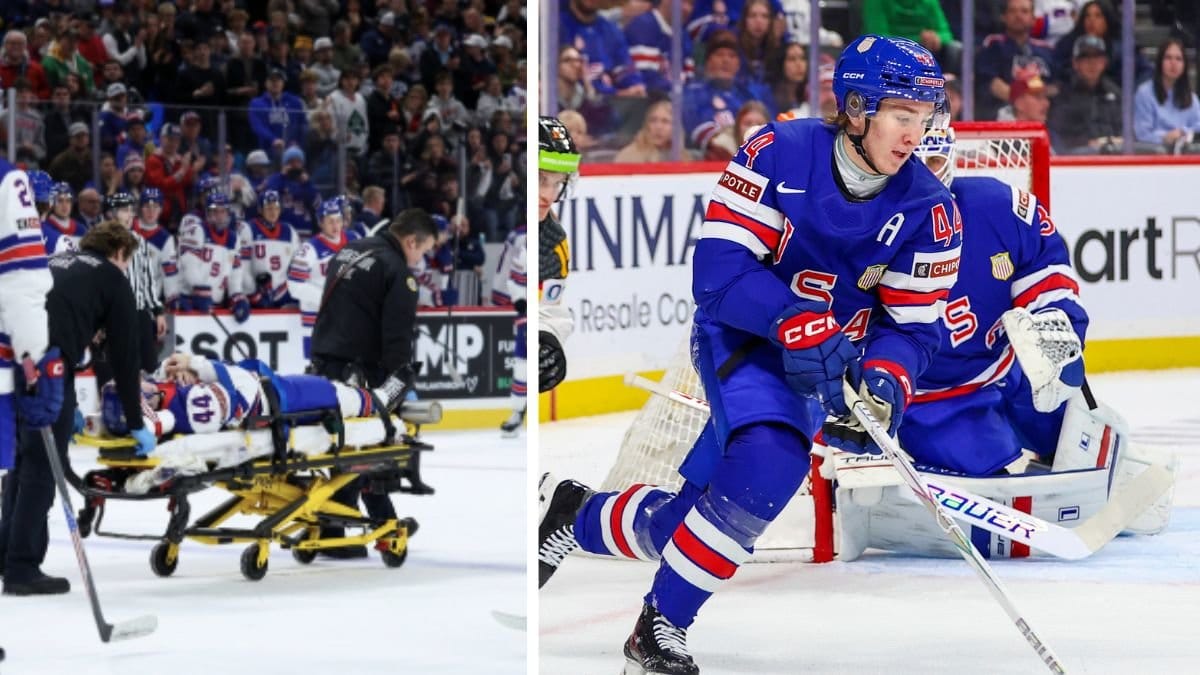 Cole Hutson förs på bår till vänster. Cole Hutson spelar till höger. 